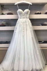 Long A-line Sweetheart Tulle Lace Wedding Dresses