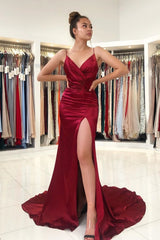 Burgundy Long V-neck Spaghetti Straps Backless Mermaid Prom Dress With Split