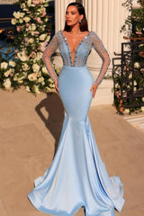 Sexy V Neck Off The Shoulder Long Mermaid Formal Dress with Beads