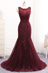 Burgundy Long Scoop Tulle Mermaid Formal Evening Dresses