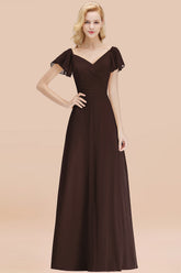 Elegant V Neck Short Sleeves Chiffon A-line Long Chocolate Bridesmaid Dress