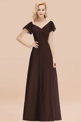 Elegant V Neck Short Sleeves Chiffon A-line Long Chocolate Bridesmaid Dress