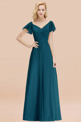 Elegant V Neck Short Sleeves Chiffon A-line Long Ink Blue Bridesmaid Dress