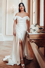 Elegant White Long Mermaid Off the Shoulder Satin High Split Wedding Dress with Court Train