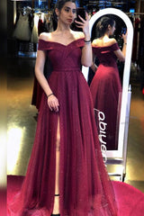 Long A-line Off the Shoulder Backless Floor Length Sequins Tulle Prom Dress with Slit