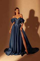 Modest Long A-line Off the Shoulder Satin Formal Prom Dresses with Slit