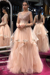 A-line Bateau Long Sequins Tulle Ruffles Backless Prom Dress with Sleeves