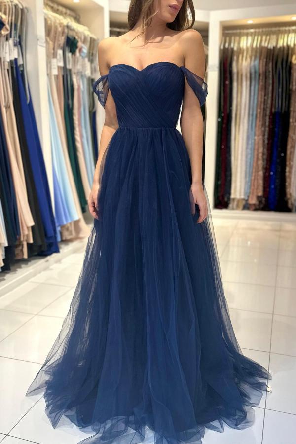 Elegant Long A-line Off the Shoulder Tulle Formal Prom Dresses