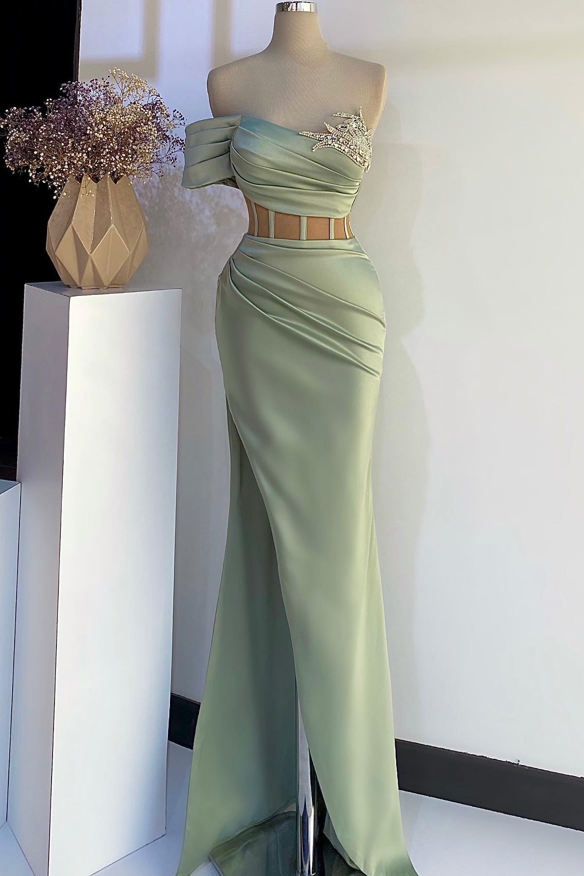 Off The Shoulder Mermaid Long Satin Prom Dress with Side Split