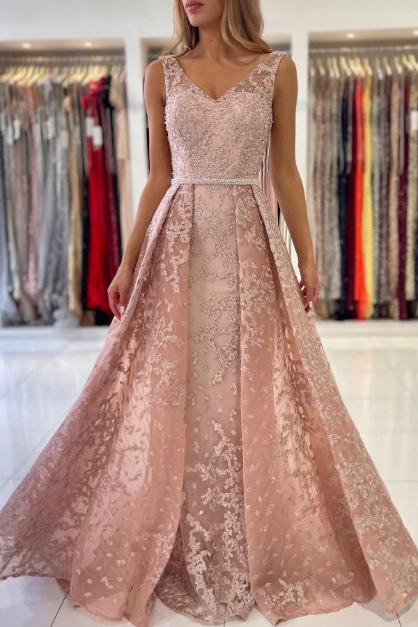 Elegant Long A-line V-neck Tulle Lace Appliques Formal Prom Dresses with Train
