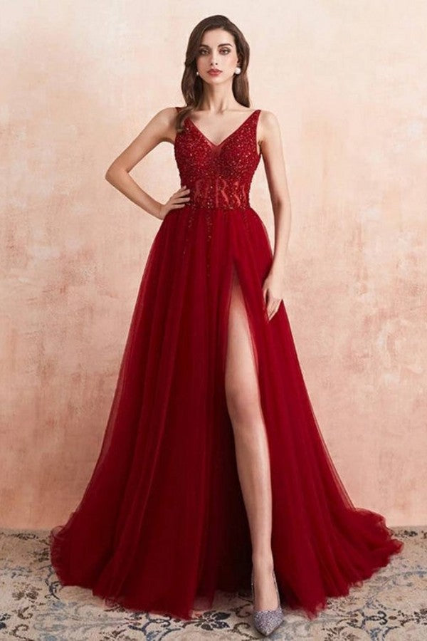 Elegant Long A-line V-neck Tulle Backless Prom Dress with Slit