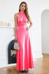 Simple Long Open Back Floor Length A-line Bridesmaid dresses with Ruffle