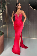 Long Mermaid Sweetheart Satin Beading Formal Prom Dresses with Slit