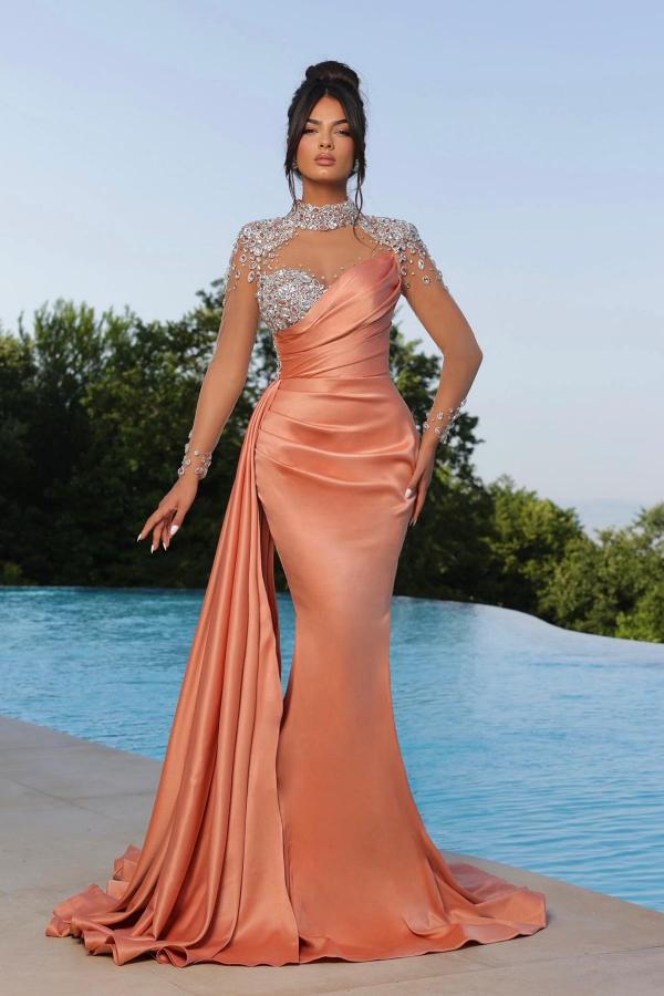 Long Mermaid High Neck Satin Beading Formal Prom Dresses with sleeves