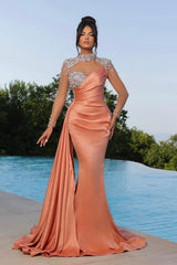 Long Mermaid High Neck Satin Beading Formal Prom Dresses with sleeves