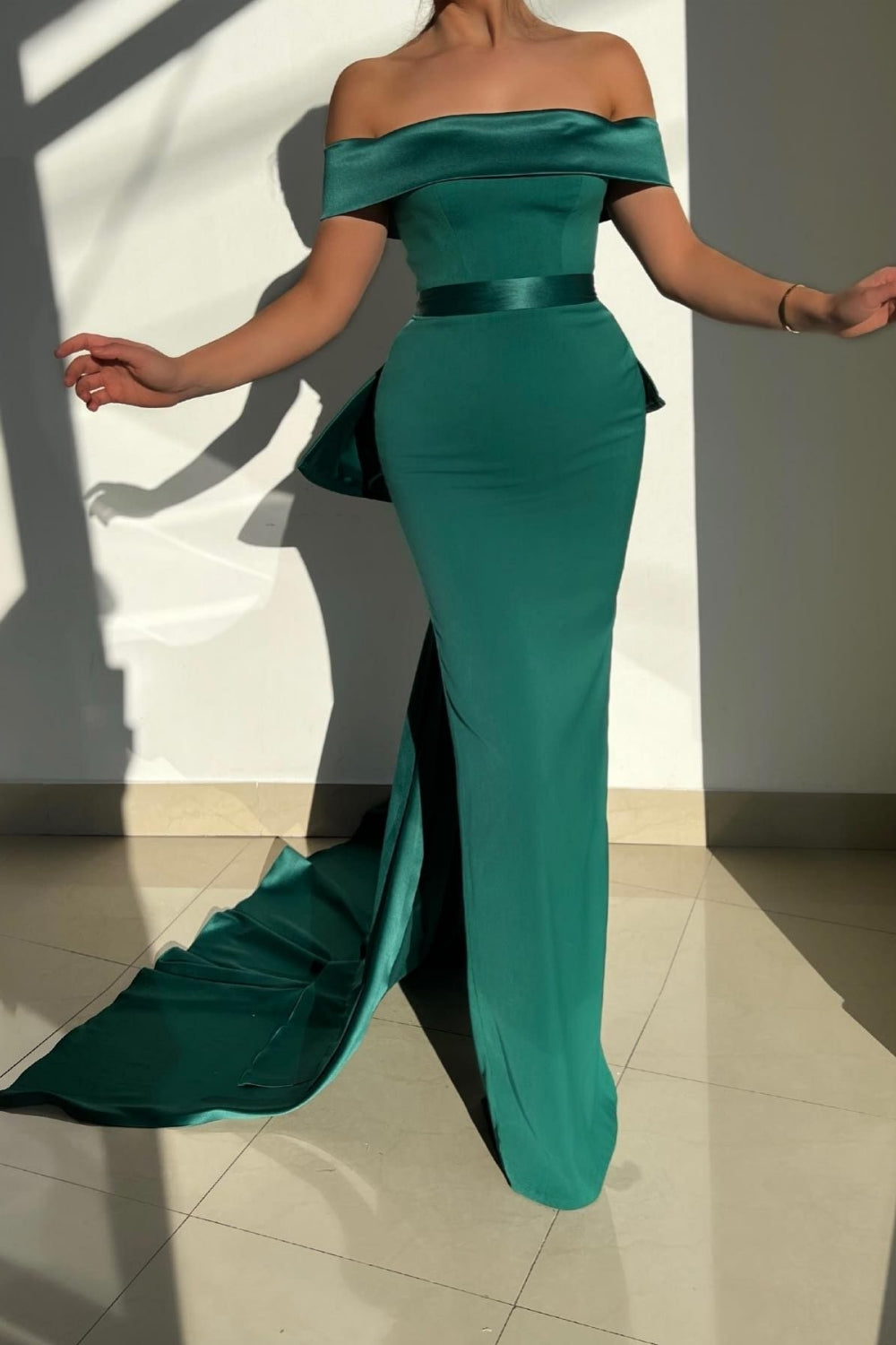Long Off the Shoulder Satin High Slit Mermaid Formal Evening Dress