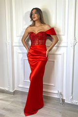 Red Long Mermaid One Shoulder Satin Beads Formal Prom Dresses