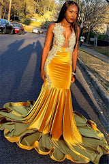 Long Mermaid V-neck Velvet Straps Appliques Lace Formal Dresses