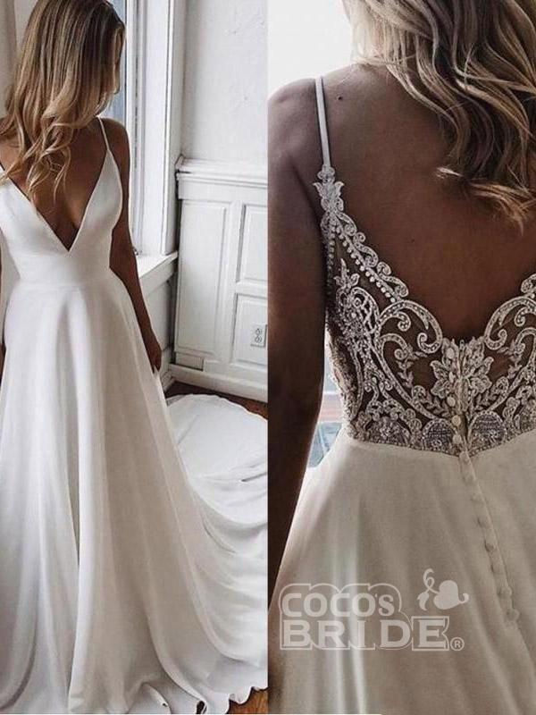 Simple Long V Neck Chiffon A Line Covered Button Boho Wedding Dresses