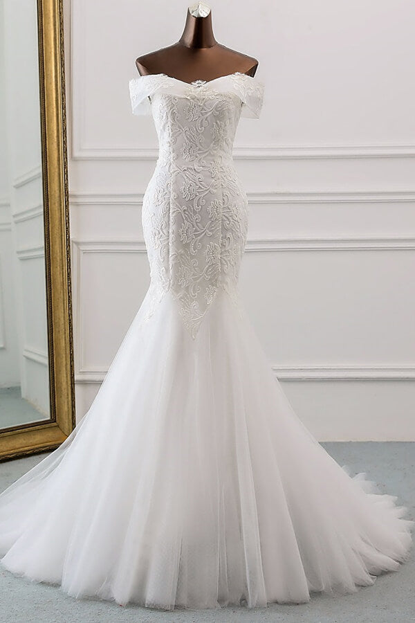 Long Off Shoulder Appliques Lace Tulle Mermaid Wedding Dress