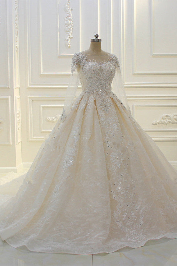 Long Sleeve Beading Bateau Appliques Lace Ball Gown Wedding Dress