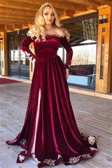 Long A-line Off the Shoulder Velvet Split Front Formal Evening Dress with Sleeves