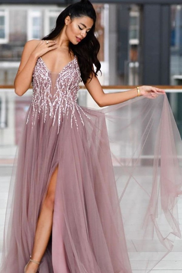 Long A-line V-neck Sparkle Sequined Prom Dress with Slit