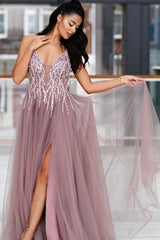 Long A-line V-neck Sparkle Sequined Prom Dress with Slit