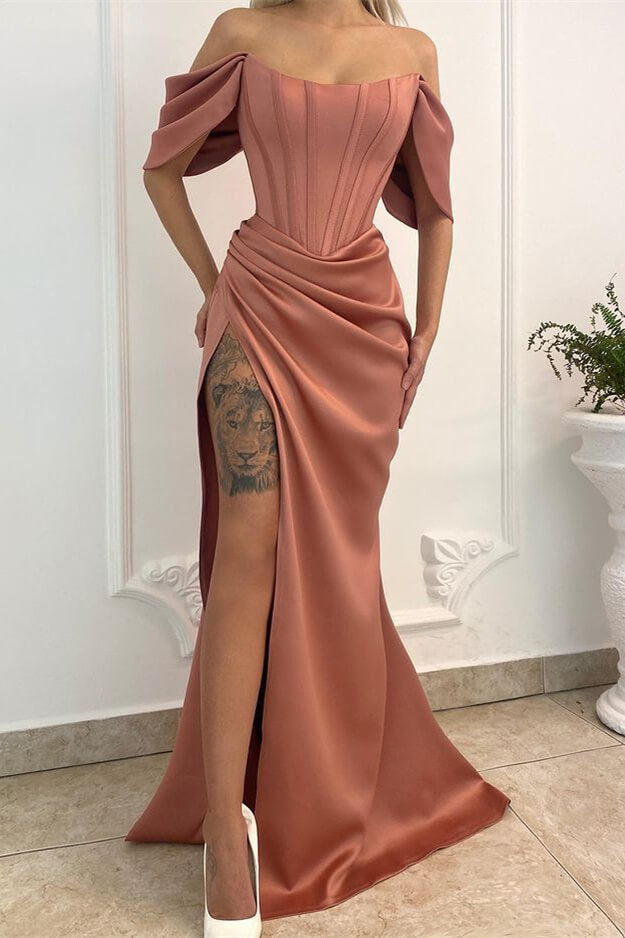 Long Mermaid Off the Shoulder Floor Length Prom Dresses with Slit