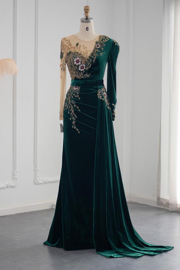 Dark Green Long Mermaid Velvet Tulle Formal Evening Dresses with Sleeves