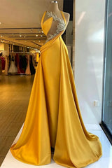 Yellow Long Mermaid Halter Sleeveless Satin Prom Dresses with Train