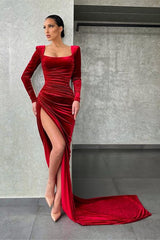 Burgundy Long Sleeves Mermaid Square Neck Velvet Formal Evening Dresses with High Split