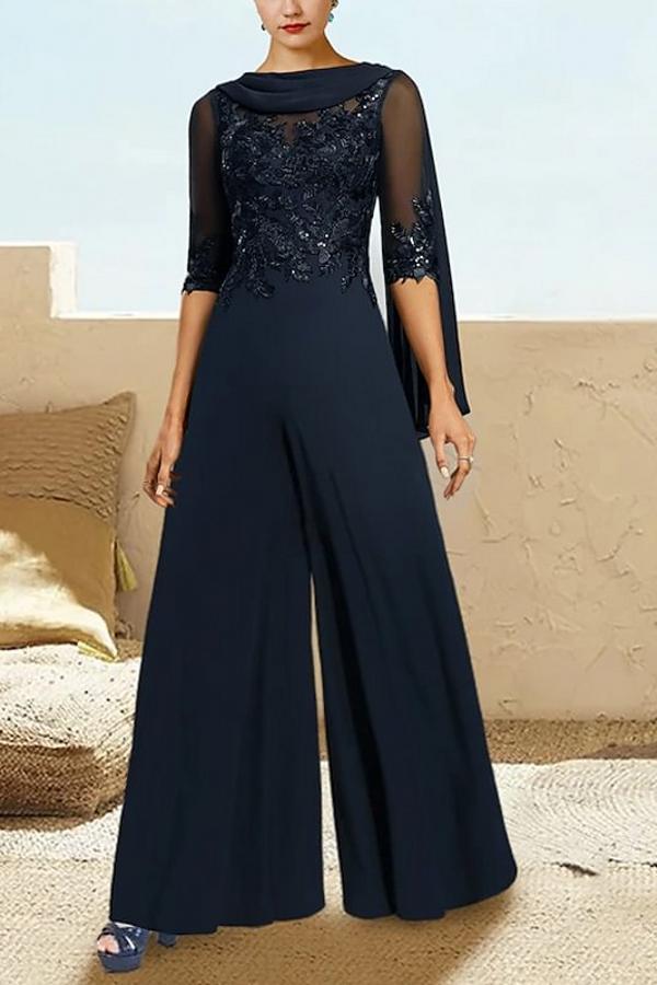 Elegant Dark Blue Lace Chiffon Long Sleeve Jumpsuit Mother Of Bride Dress