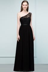 A-line Chiffon Lace One Shoulder Floor Length Bridesmaid Dress Floor Length with Sash