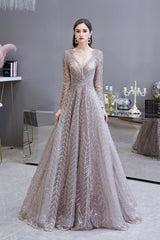 Long A-line V-neck Tulle Appliques Lace Formal Evening Dresses with Sleeves