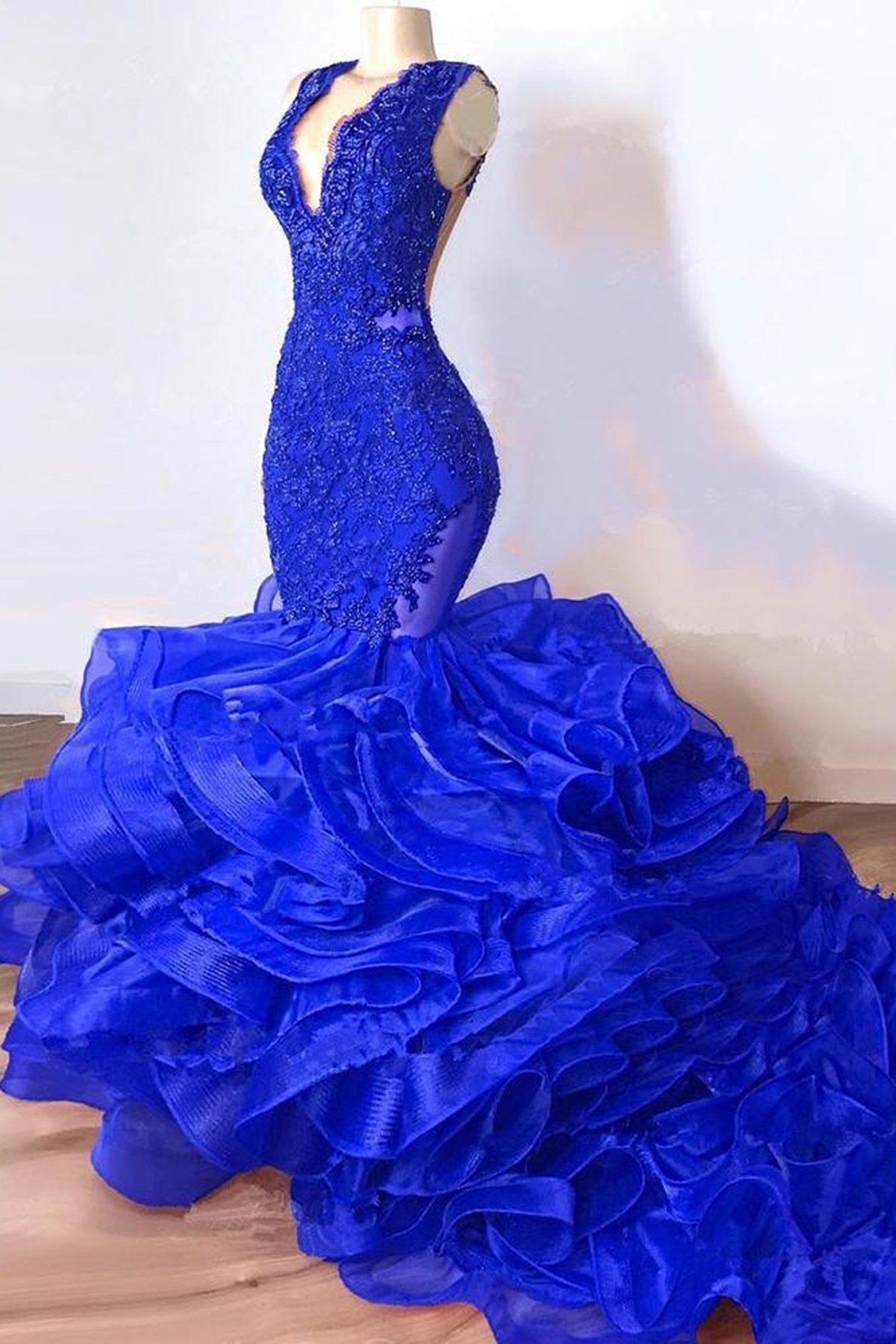 Royal Blue Mermaid Long Ruffles V-neck Tulle Prom Dresses