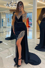 Long Sleeves Mermaid Halter Satin Beading Formal Evening Dress with Slit