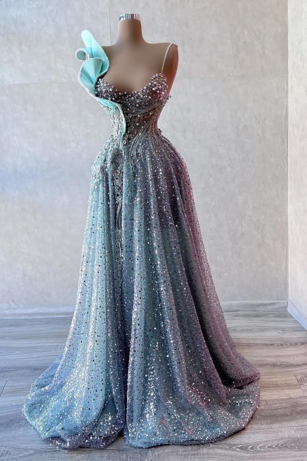 A-Line One shoulder Sweetheart Sequined Long Beading Prom Dresses with Flowers