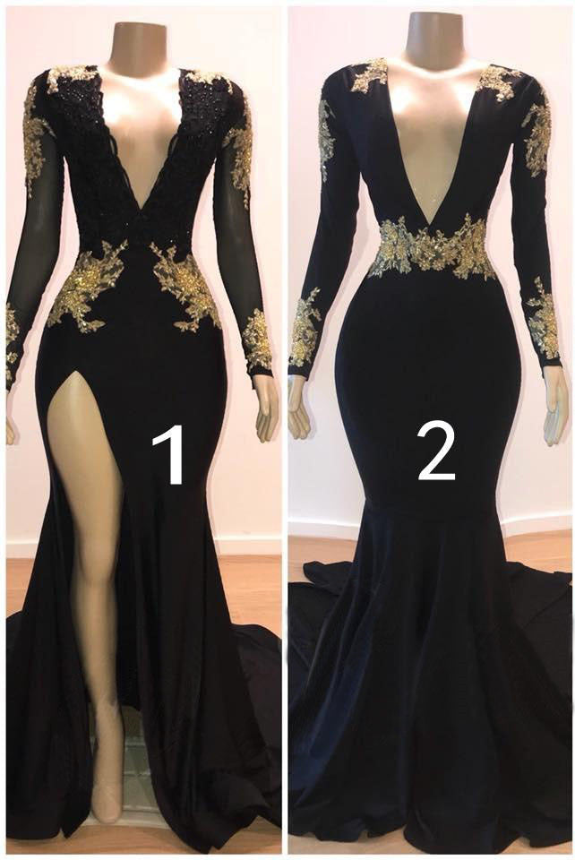 Black Long Mermaid V-neck Appliques Lace Prom Dress with Sleeves