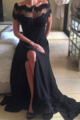 Black Long Off the Shoulder Lace Floor Length Prom Dress With Side Slit