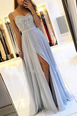 A-Line Spaghetti Straps Lace Floor Length Chiffon Prom Dress With Side Slit