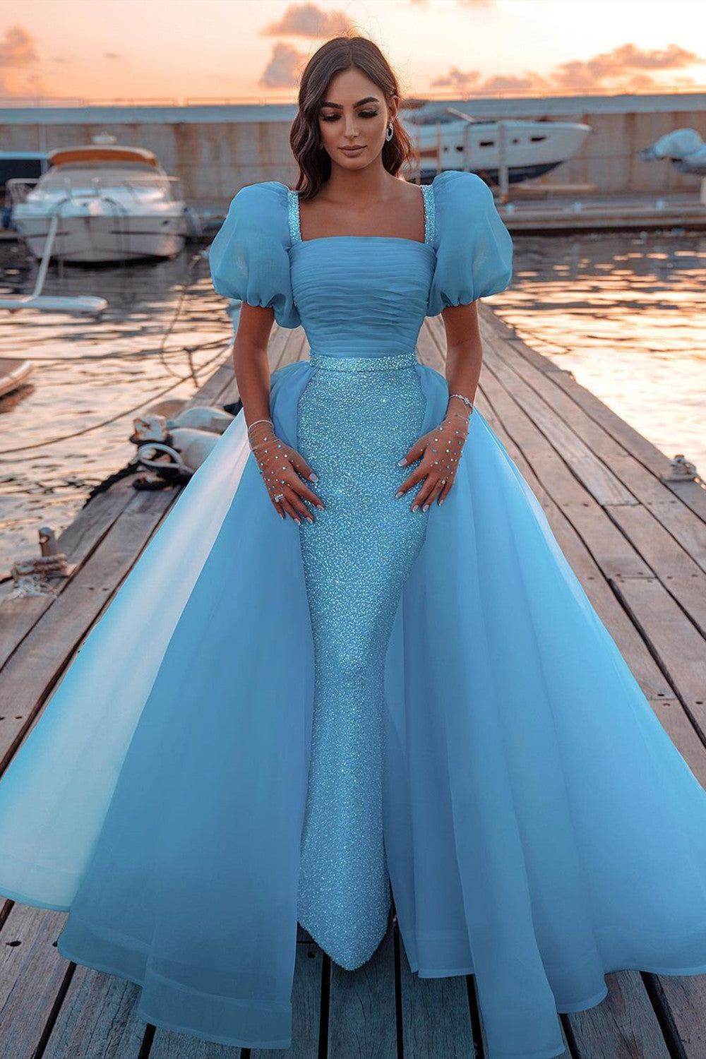 Gorgeous Long Puffy Sleeves Sequins Mermaid Prom Dress With Detachable Tulle Train