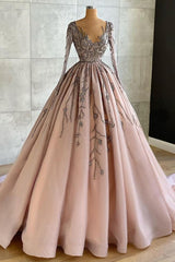 Long V-neck Beading Ruffles Tulle Prom Dress with Sleeves