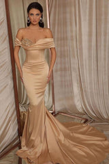 Long Mermaid Off the Shoulder Ruffles Satin Formal Dresses