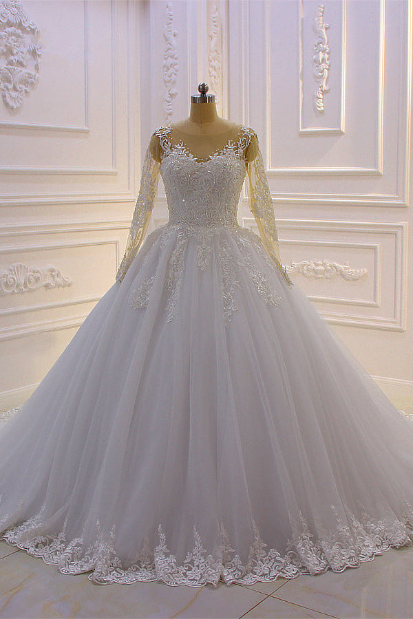 Gorgeous Bateau Long Sleeve Tulle Appliques Lace Ball Gown Wedding Dress