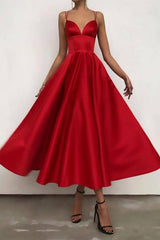 Short A-line V-neck Satin Spaghetti Straps Tea-length Prom Dress