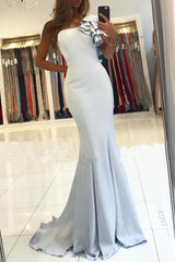 Long One Shoulder Backless Floor Length Ruffles Satin Mermaid Prom Dress