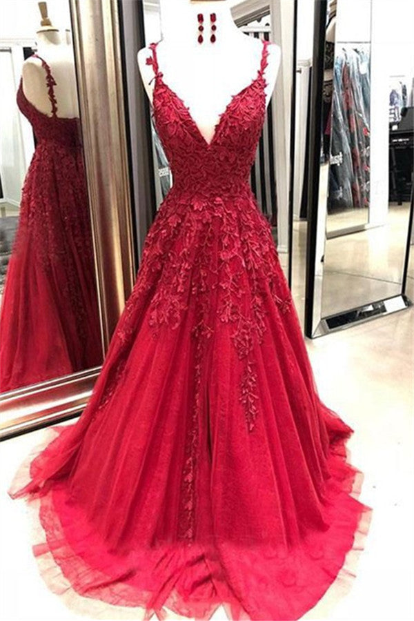 Long V-neck Spaghetti Straps Appliques Lace Tulle A-line Prom Dress