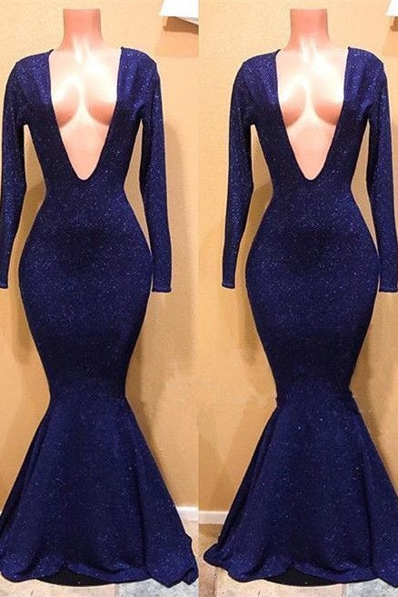 Sexy V-neck Long Sleeves Mermaid Sequins Prom Dresses