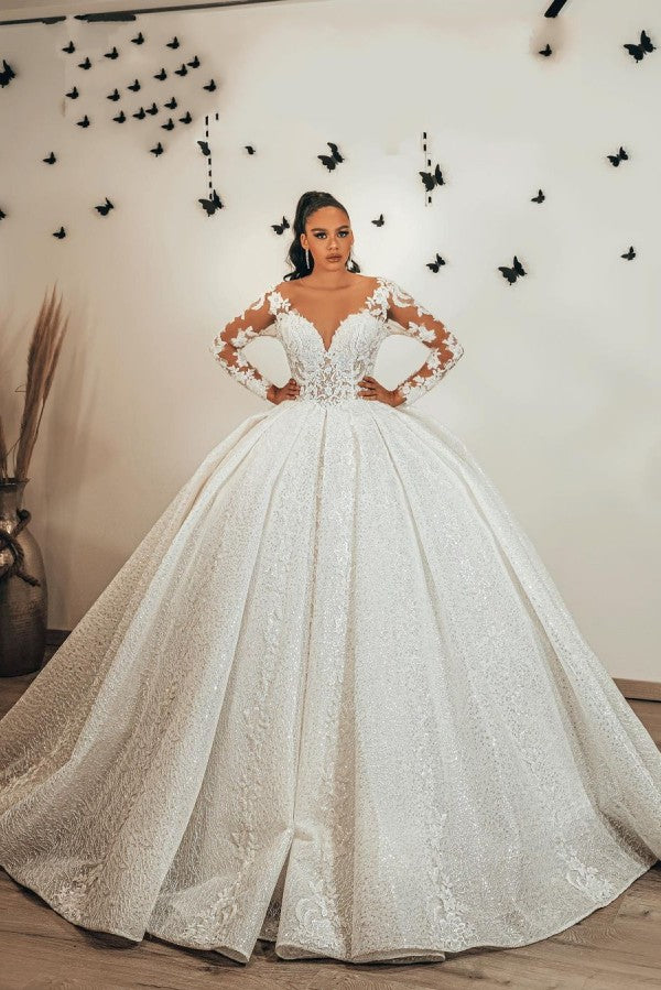 Gorgeous Long Ball Gown Sweetheart Appliques Lace Sequins Ruffles Wedding Dress	 with Long Sleeve